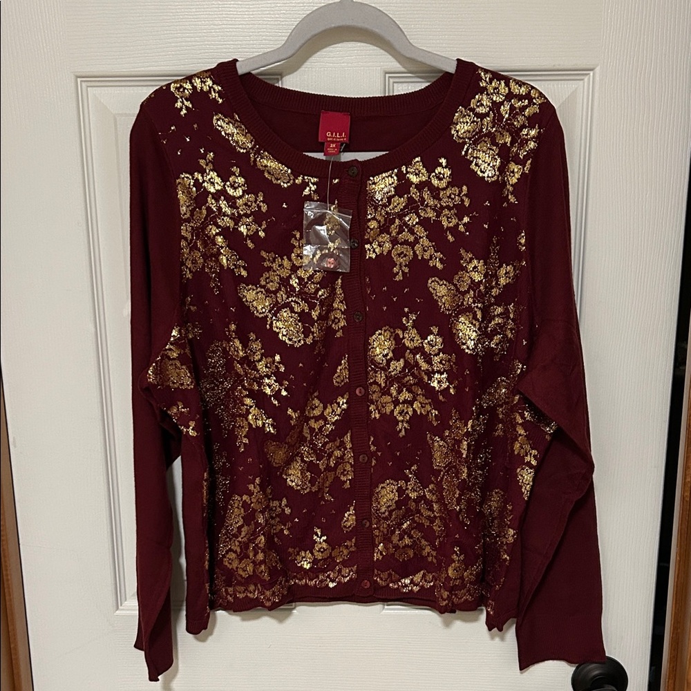 NWT G.I.L.I. Burgundy and Gold Floral Button Down cardigan